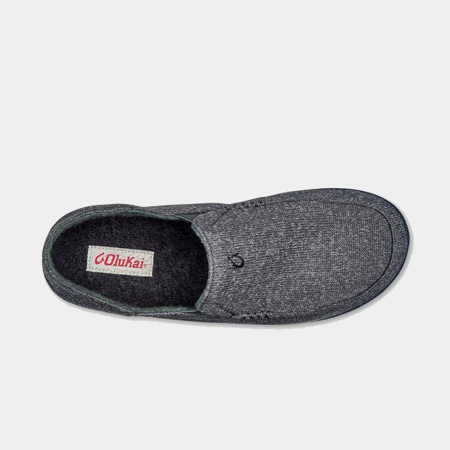 OluKai Moloa Hulu shoes in dark gray with a textured fabric upper and soft inner lining, top view.