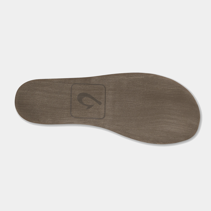 "OluKai Moloa Hulu shoe outsole in brown synthetic material with embossed logo detail, sole/bottom view"