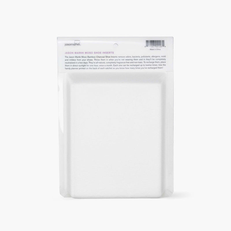 Jason Markk Moso Freshener Shoe Inserts in white with bamboo charcoal material for odor removal, front packaging view.