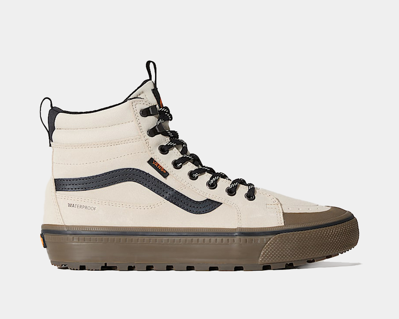 Vans MTE Sk8-Hi Waterproof Insulated Shoe, side view showing beige upper with black accents, waterproof construction, and brown outsole.