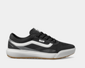 Vans MTE Ultrarange 2.0 sneakers in black and gray with mesh upper, white midsole, and gum outsole, side view.