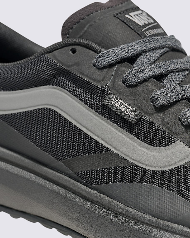 Vans MTE Ultrarange 2.0 shoes in black with gray stripe detailing, mesh upper, and durable sole, side view close-up.