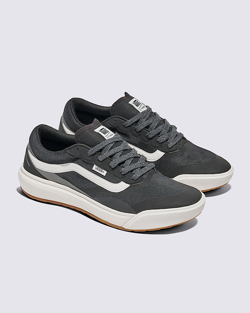 Vans MTE Ultrarange 2.0 shoes in dark gray with white accents, mesh upper, and gum outsole, angled side view.