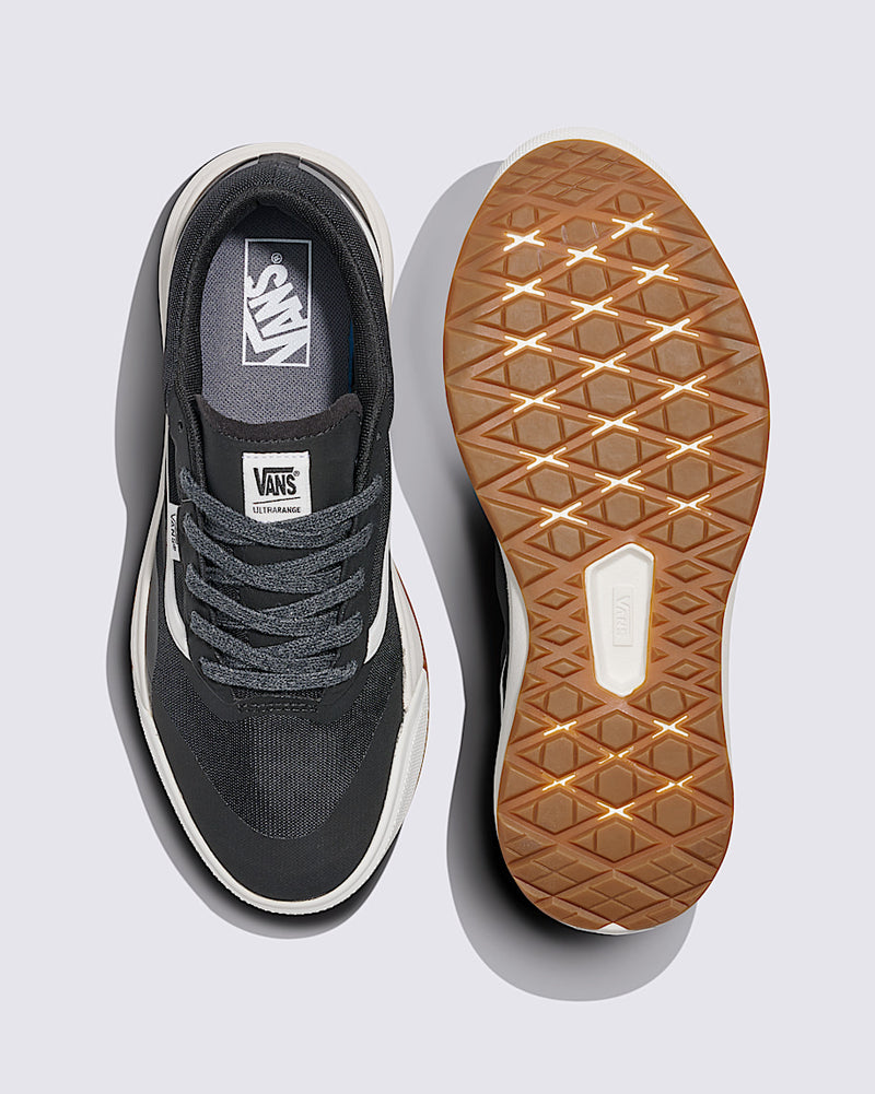 Vans MTE Ultrarange 2.0 shoes in black with white accents, mesh upper, and gum rubber sole, top and sole view.