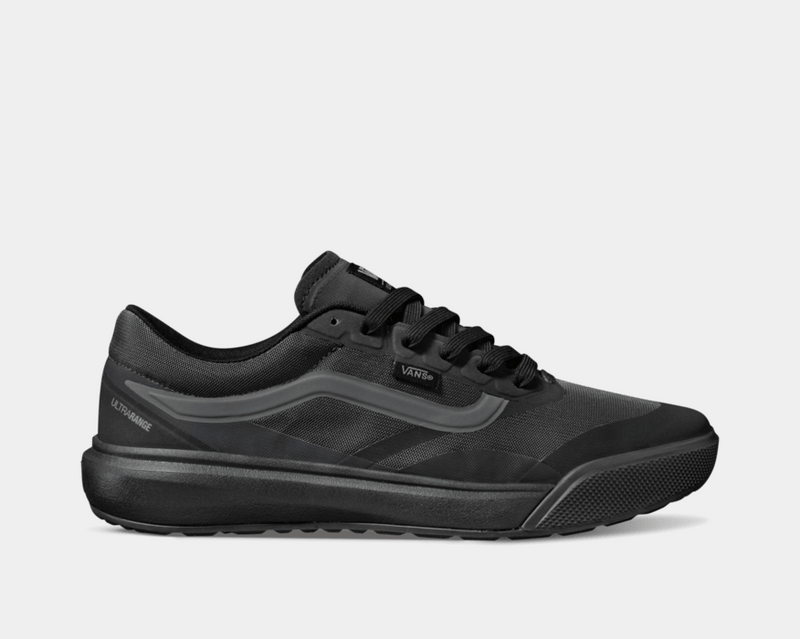 Vans MTE Ultrarange 2.0 sneakers in black with mesh upper, reinforced toe, rubber overlays, and lug outsole, side view.