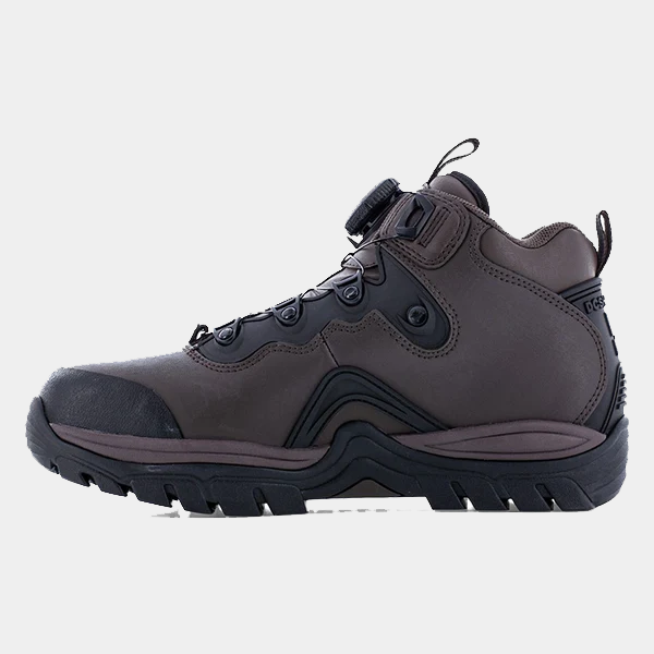 DC WorkCrew Navigator Work Hi Top Comp Toe with Met Guard work boots in dark brown leather with reinforced toe and lugged outsole, side view.