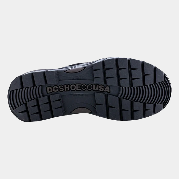 DC WorkCrew Navigator Work Hi Top Comp Toe with Met Guard work boots, black slip-resistant outsole with deep tread grooves, sole/bottom view