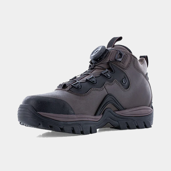 DC WorkCrew Navigator Work Hi Top Comp Toe with Met Guard work boots in brown with black accents, composite toe, and durable outsole, angled side view.