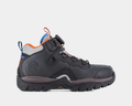 DC WorkCrew Navigator Work Hi Top Comp Toe work boots in black with orange and blue accents, side view showing rugged sole and safety toe.