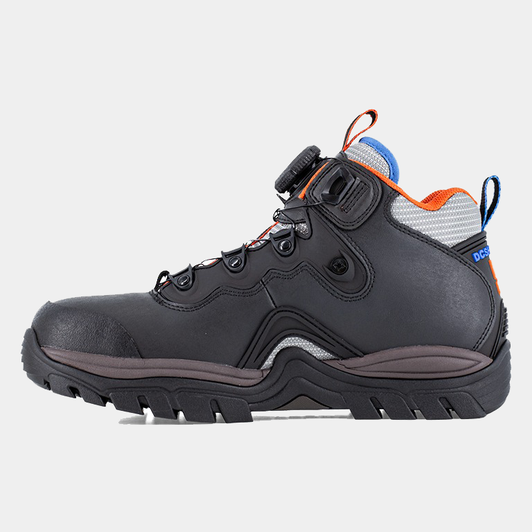 DC WorkCrew Navigator Work Hi Top Comp Toe work boots, black with orange accents, durable leather upper, composite toe protection, side view