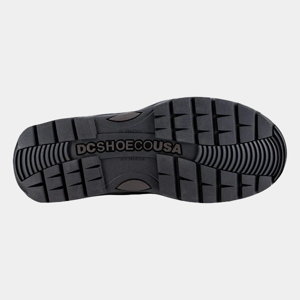 DC WorkCrew Navigator Work Hi Top Comp Toe work boots with black slip-resistant rubber outsole, sole/bottom view.