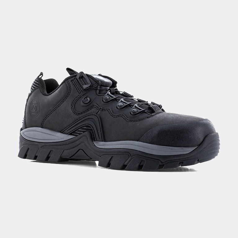 DC WorkCrew Navigator Work shoes in black with a durable leather upper, rugged outsole, and reinforced toe, side view.