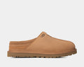 UGG Neuman slippers in chestnut brown suede with braided detailing, plush lining, and lugged rubber outsole, side view.