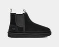 UGG Neumel Chelsea boots in black suede with elastic side panels and pull tabs, side view.