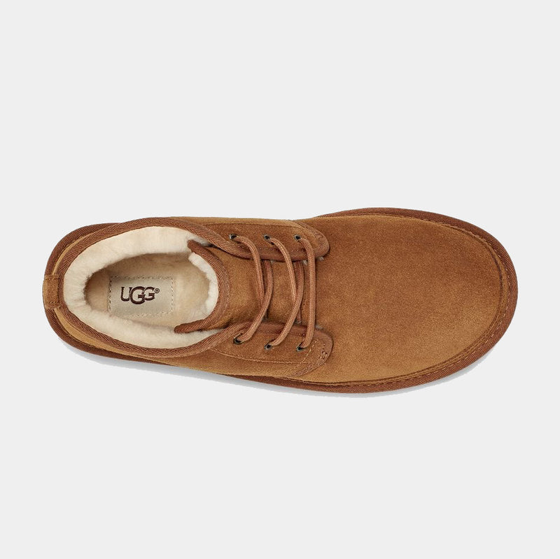 UGG Neumel Suede boots in chestnut brown with soft suede upper and plush shearling lining, top view showing lace-up design.