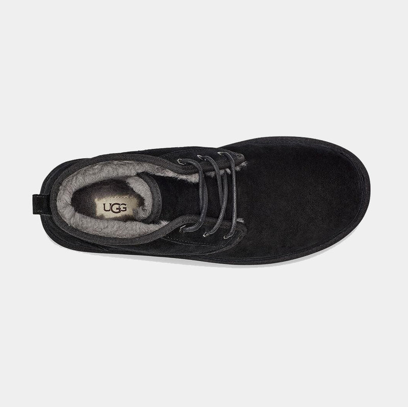 UGG Neumel Suede boots in black with plush shearling lining and suede upper, top view showing lace-up closure and branded insole.