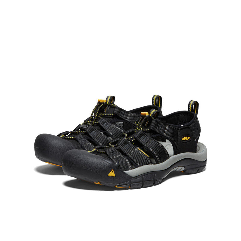 Keen Newport H2 sandals in black with yellow accents, quick-draw elastic lacing system, and durable toe cap, front angle view.