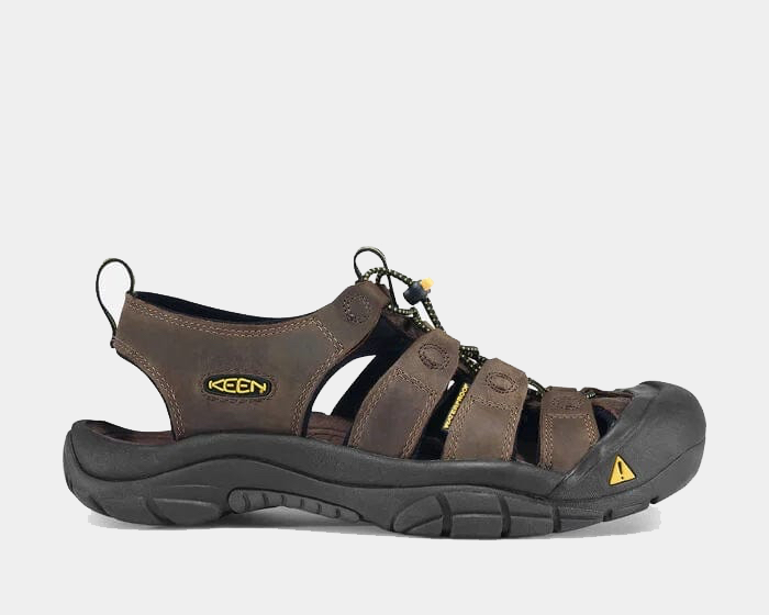 Keen Newport Leather sandals in brown leather with a secure-fit lace capture system and black rubber outsole, side view.
