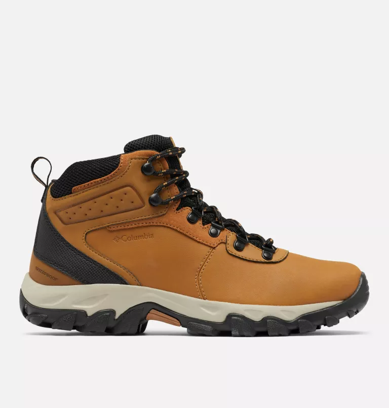 Columbia Newton Ridge Plus II Waterproof hiking boots in golden brown leather with black accents, durable midsole, and traction outsole, side view.