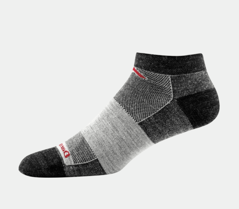 Darn Tough No Show Light socks in gray and black with mesh panels and red accents, side view showing ankle height design.