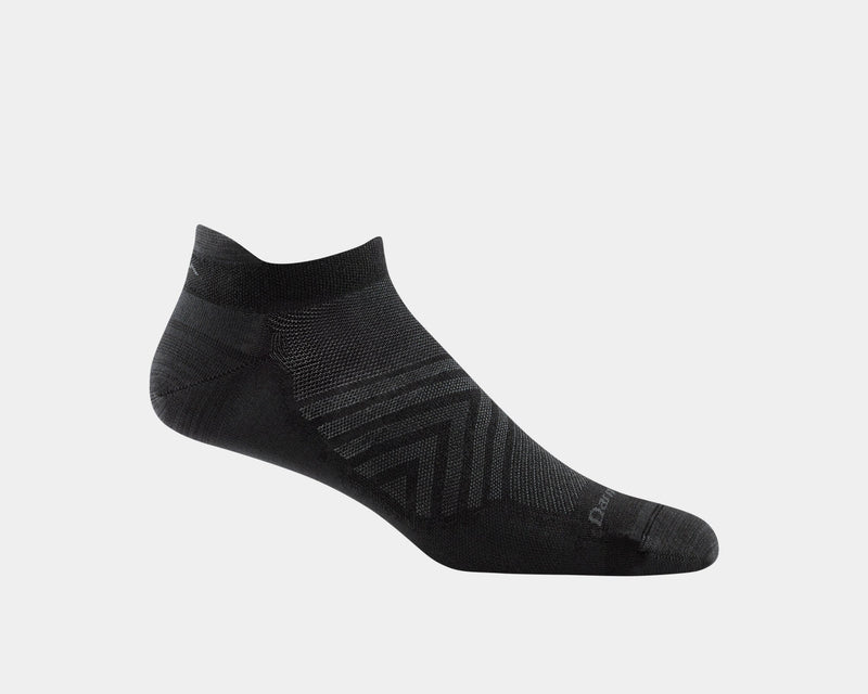 Darn Tough No Show Tab Ultra-Lightweight Running Sock in black with seamless construction and reinforced heel, side view.