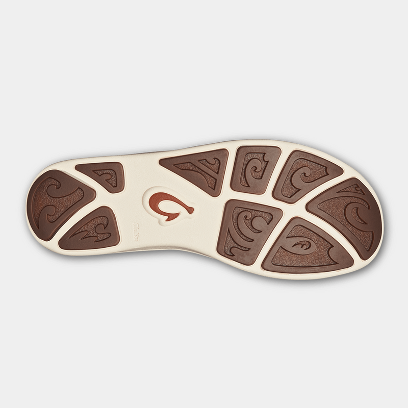OluKai Nohea Moku shoe outsole in cream and brown rubber featuring wave-patterned traction grooves, sole/bottom view.