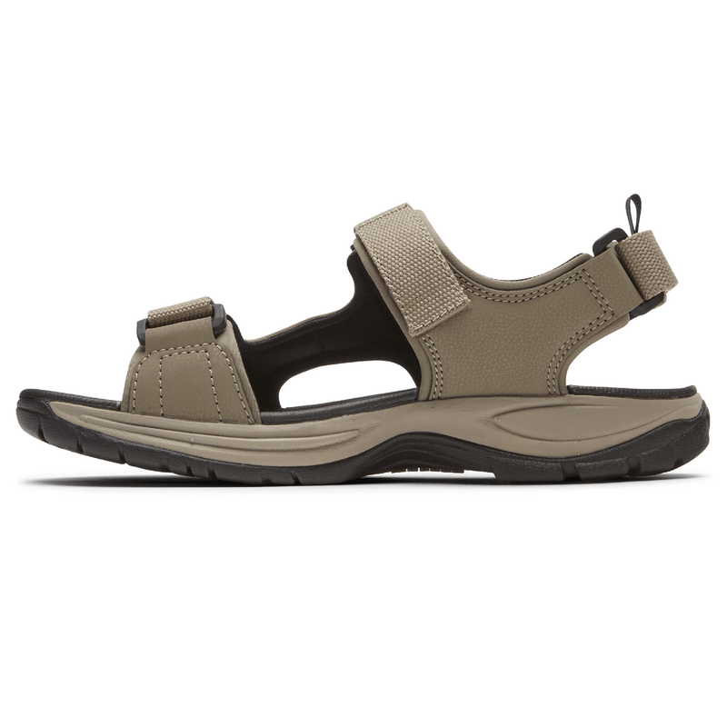 Dunham Nolan Water Friendly Sandal in taupe with adjustable velcro straps, textured footbed, and durable black outsole, side view.