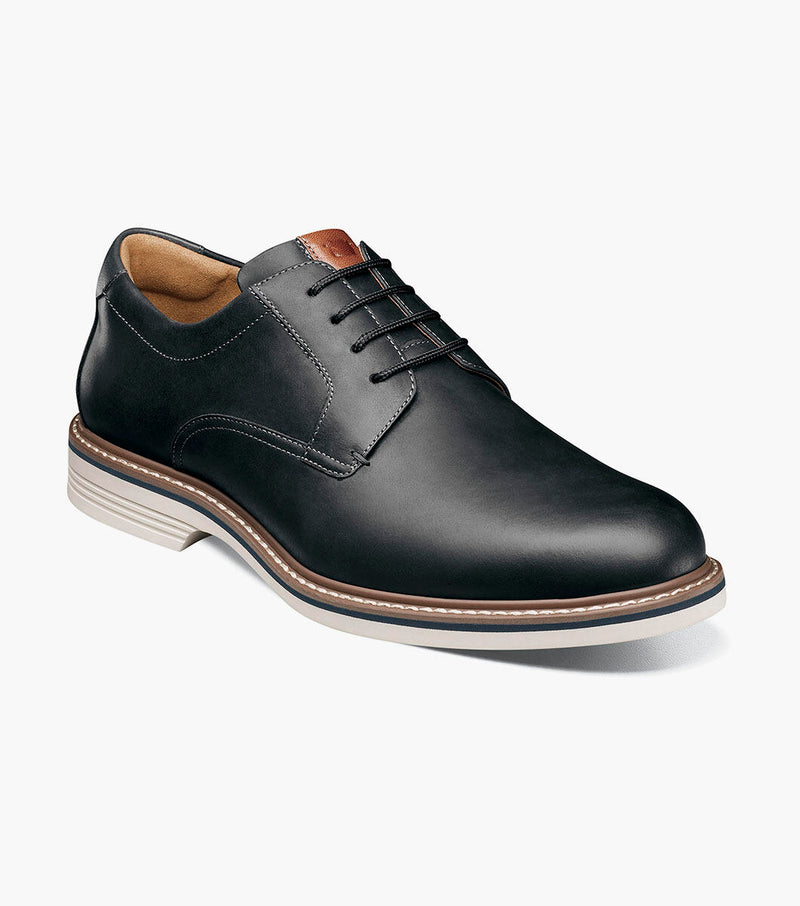 Florsheim Norwalk Plain Toe Oxford black leather shoes with tan lining, contrast sole, and stitched detailing, angled view.