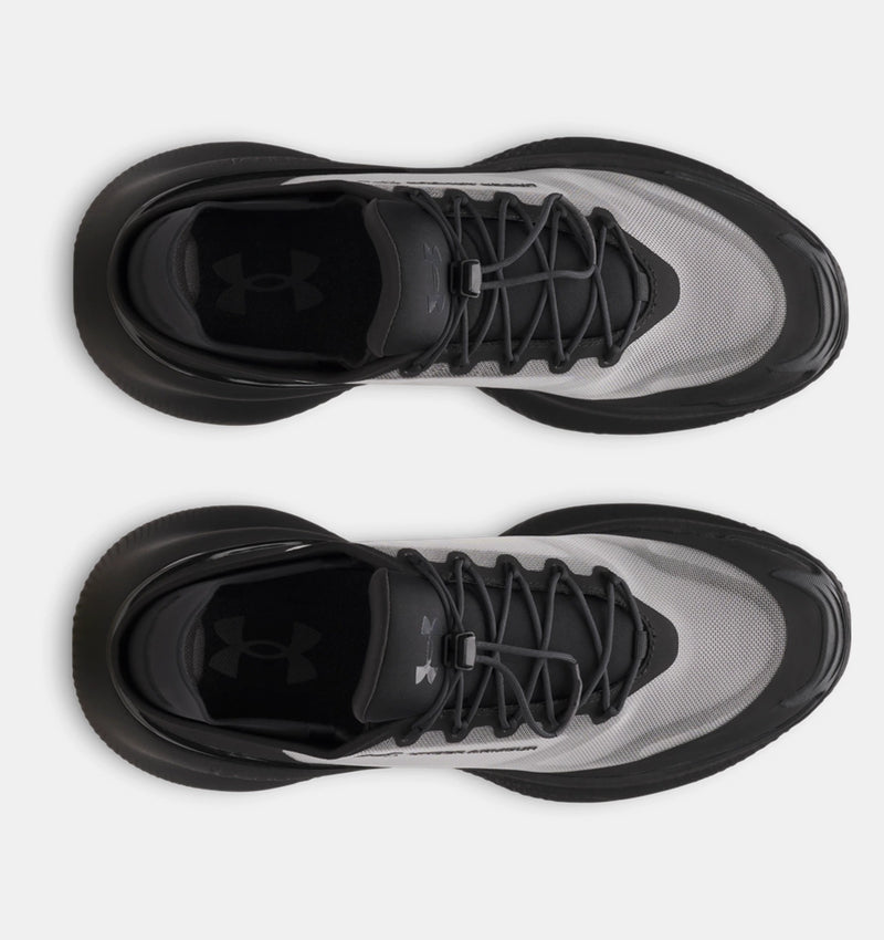 Under Armour Nova SlipSpeed™ shoes with gray mesh upper, black overlays, and adjustable lacing system, top view.