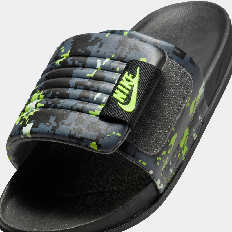 Nike Offcourt Adjustable Slide PR sandals with black footbed and strap featuring a gray and neon green pixel camo pattern, angled close-up view.