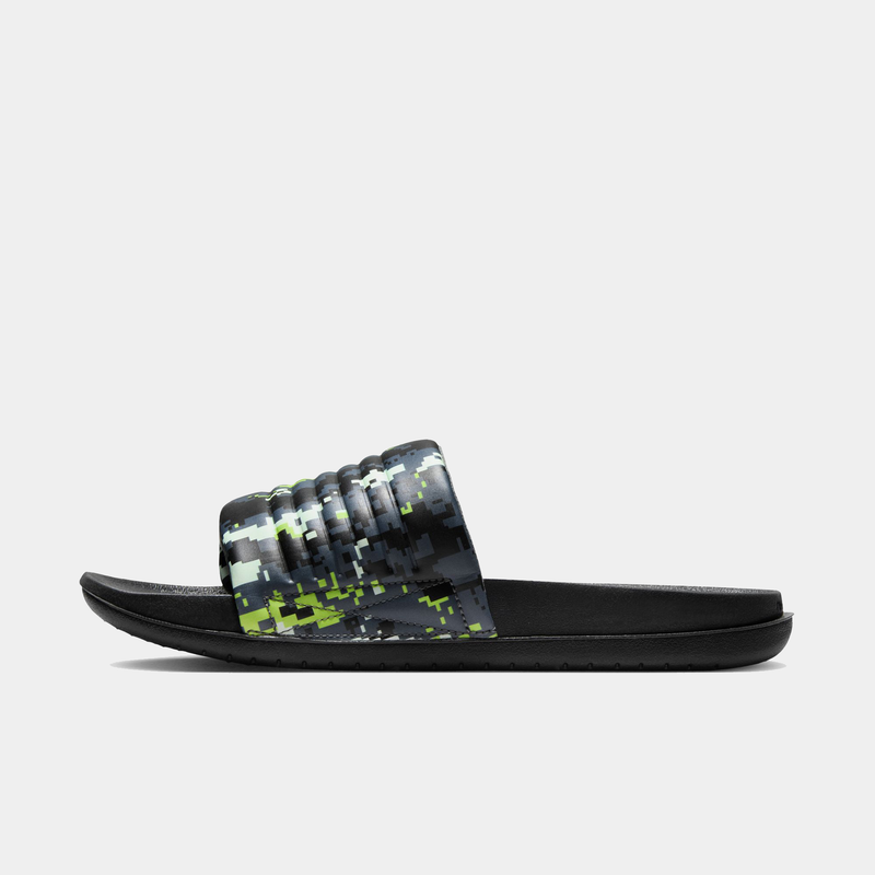 Nike Offcourt Adjustable Slide PR sandals, black with multicolor pixelated strap design in green, gray, and white, side view.