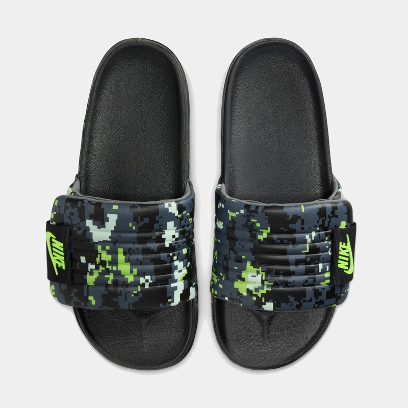 Nike Offcourt Adjustable Slide PR sandals with black footbeds and pixelated camo straps featuring neon green logo details, top view.