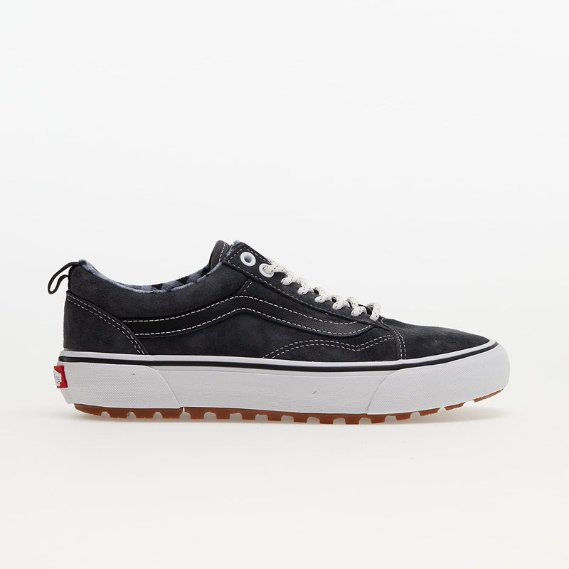 Vans Old Skool MTE shoes in black suede with white stitching, rugged sole, and lace-up design, side view.