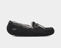 UGG Olsen slippers in black suede with moccasin stitching, leather laces, and plush wool lining, side view.