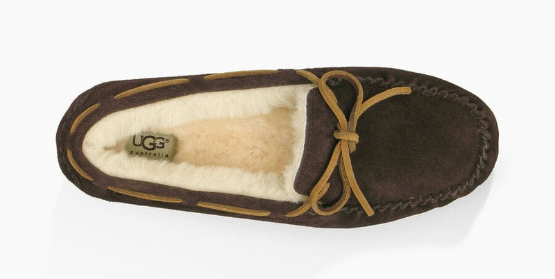 UGG Olsen slippers in dark brown suede with leather lace detail and plush sheepskin lining, top view.