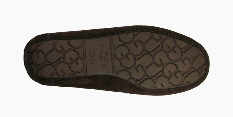 UGG Olsen slippers with rubber outsole featuring embossed tread pattern in brown, sole/bottom view.