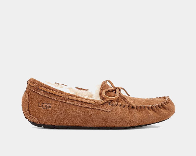UGG Olsen slipper in chestnut brown suede with plush shearling lining and moccasin stitching, side view.