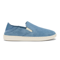 Olukai women’s Pehuea slip-on shoe in blissful blue suede with Drop-In Heel®, elastic side panels, and minimalist island-inspired design for casual barefoot comfort.