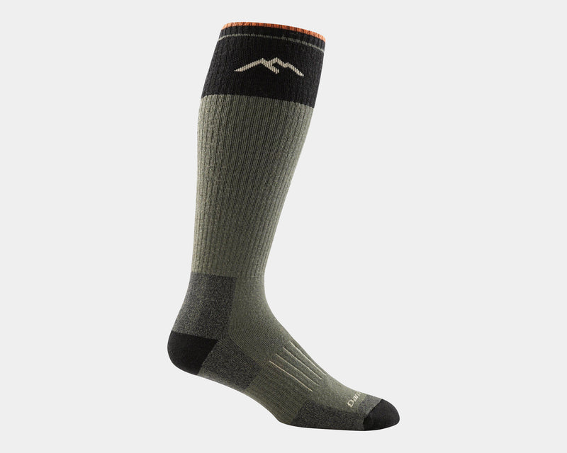 Darn Tough Over-the-Calf Heavyweight Hunting Sock in olive green and black with reinforced toe and heel, side view.