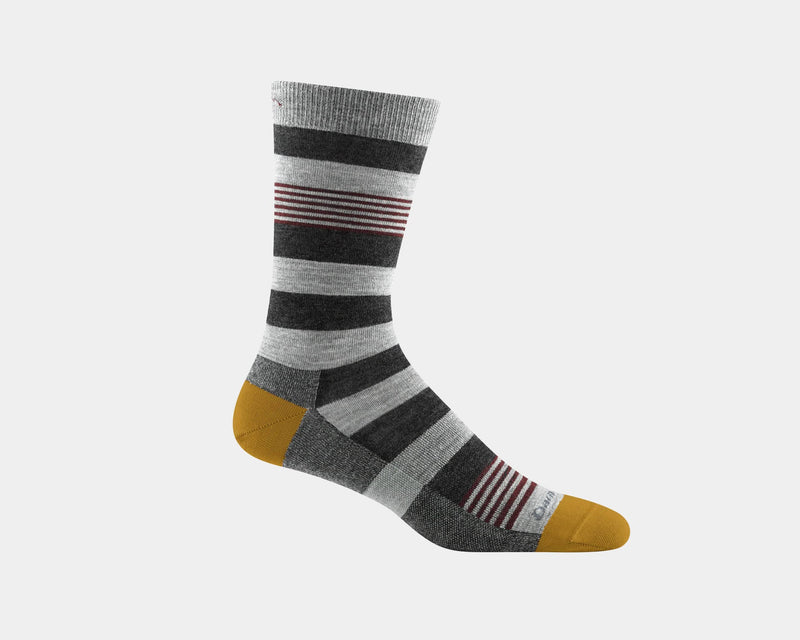 Darn Tough Oxford Crew Light socks in gray, black, and mustard yellow with striped pattern and reinforced toe and heel, side view.