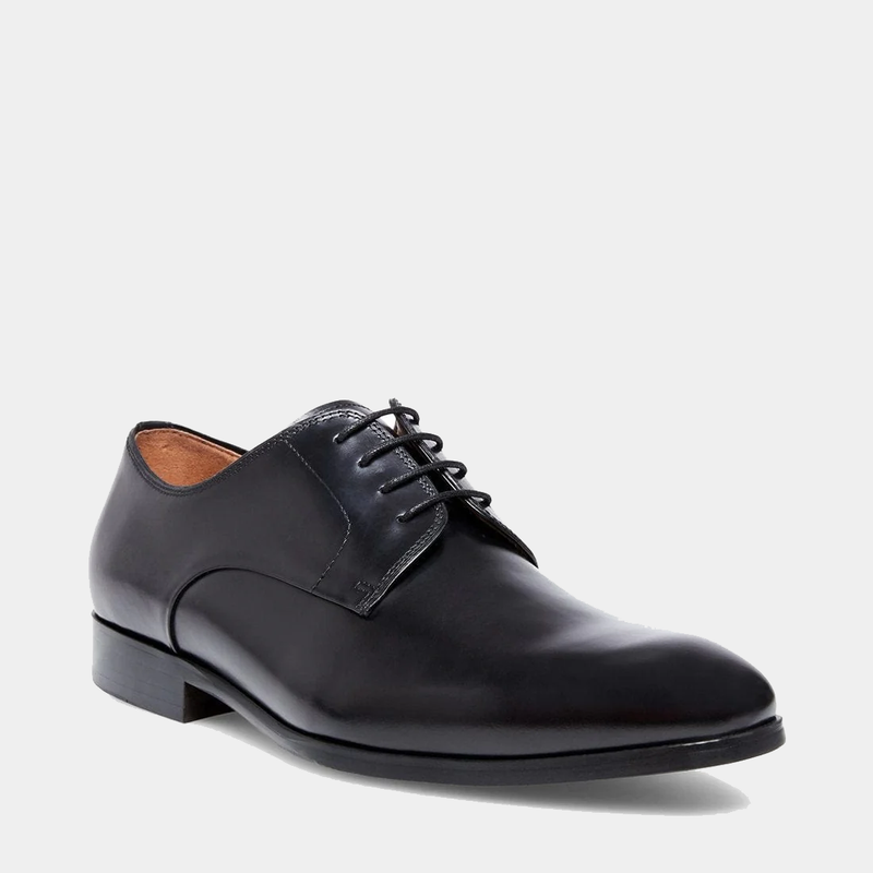 Steve Madden Parsens Leather Oxford dress shoe in black leather with closed lace-up design, angled front view.