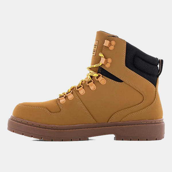 DC WorkCrew Peary TR Work Waterproof Comp Toe Boot in tan with black padded collar, rust-proof eyelets, and rugged outsole, side view.