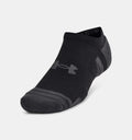 Under Armour Performance Tech™ No Show Socks in black with gray accents, cushioned footbed and moisture-wicking material, angled front view