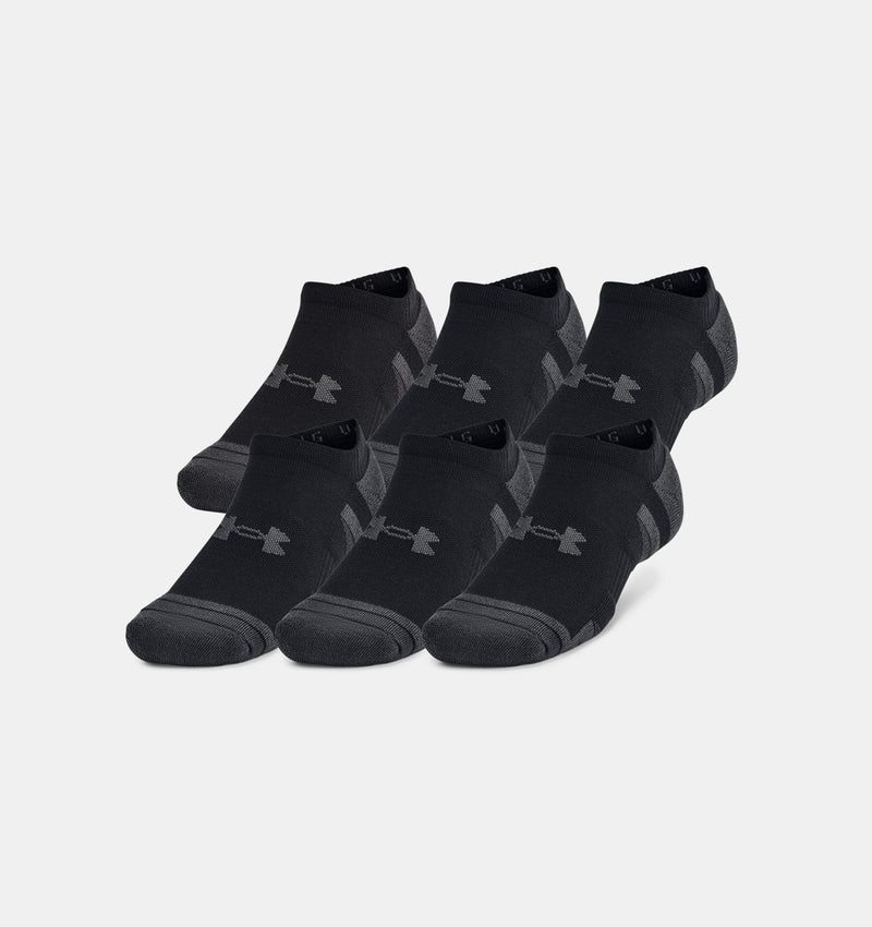 Under Armour Performance Tech™ No Show Socks 6-Pack in black and gray, featuring breathable material and reinforced toe detail, front view.