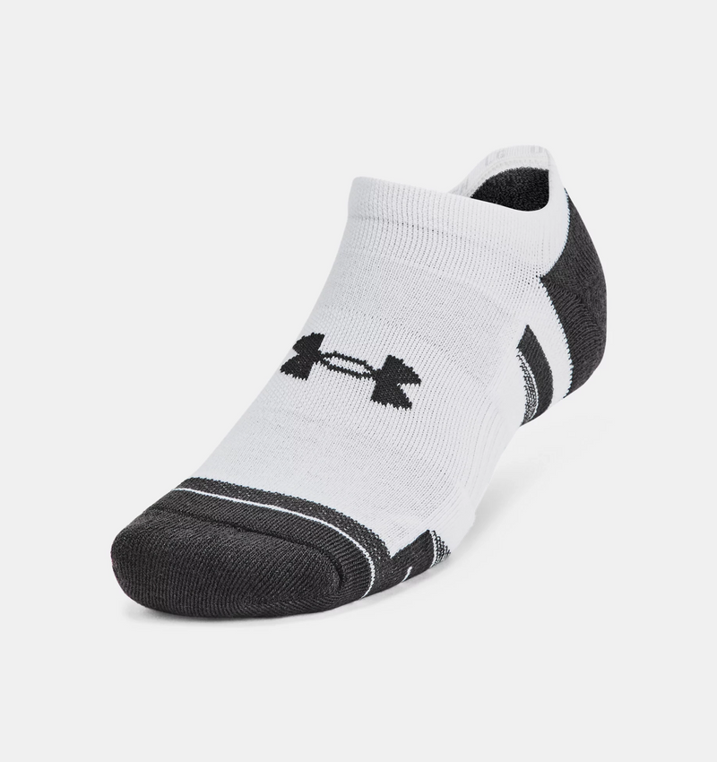 Under Armour Performance Tech™ No Show Socks in white with black accents, soft fabric and reinforced toe, angled front view.