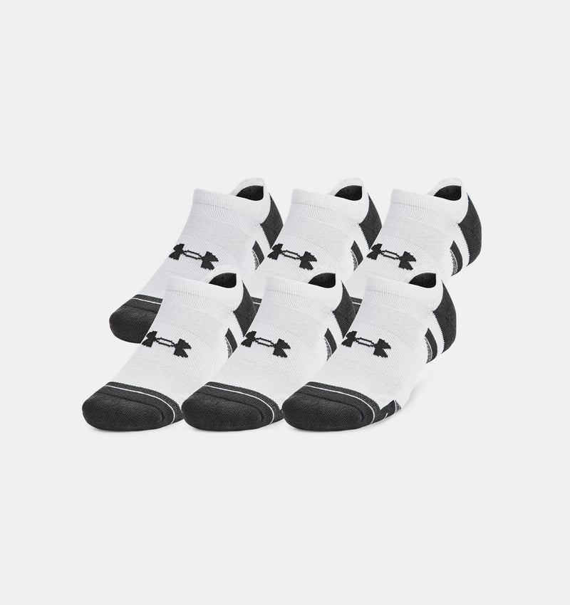 Under Armour Performance Tech™ No Show Socks 6-Pack, white socks with black accents and logo detailing, front angled view.