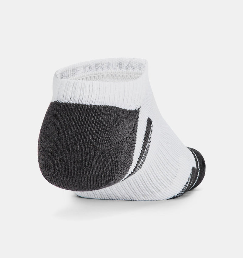 Under Armour Performance Tech™ No Show Socks 6-Pack in white and black with cushioned heel and toe, back view.