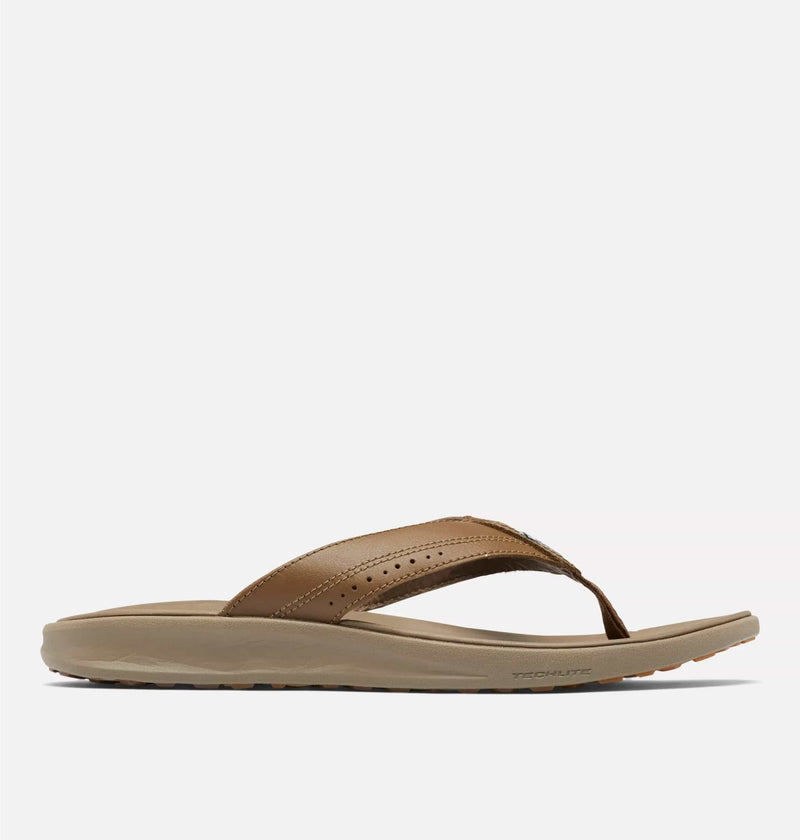 Columbia PFG Rostra™ Beachcomber™ LE sandals in brown leather with perforated strap and beige Techlite sole, side view.