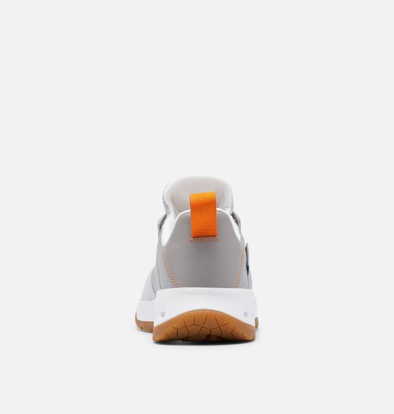 Columbia PFG Tamiami™ shoes back view showcasing gray upper, orange pull tab, white midsole, and gum outsole.
