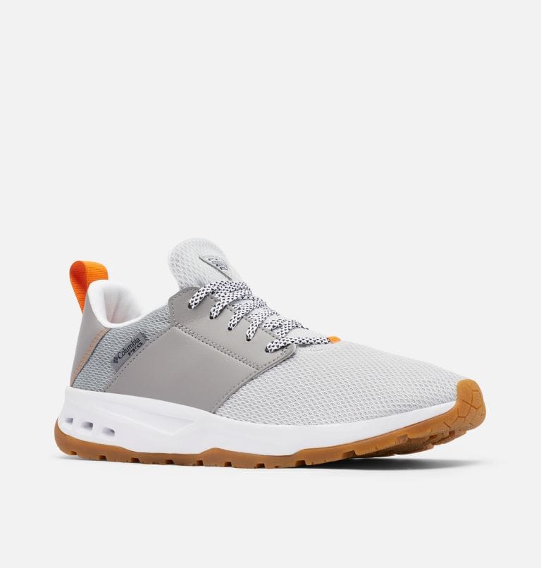 Columbia PFG Tamiami™ shoes in light gray with mesh upper, orange heel tab, and gum rubber outsole, side view.